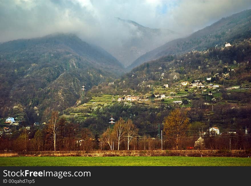 Spring mountains with clouds