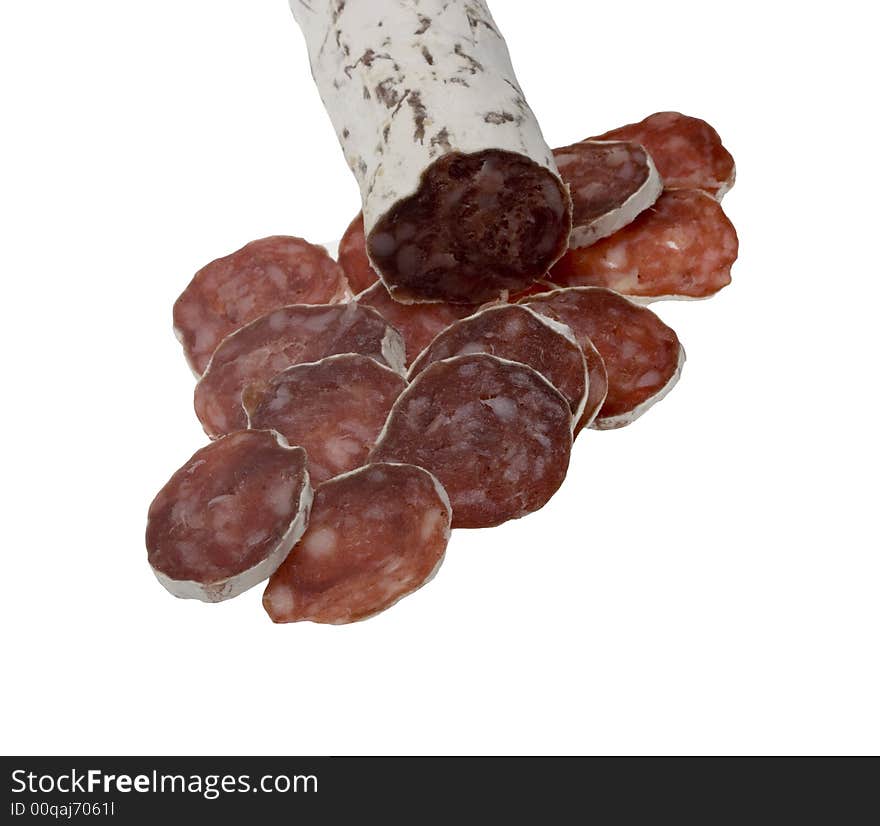 Slices of summer sausage on white backgrounds