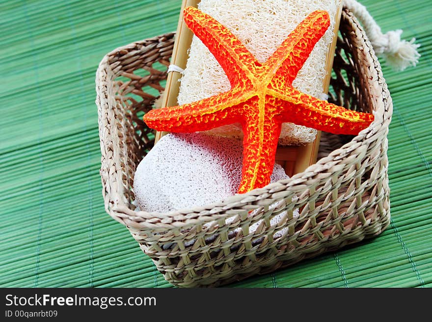 Close-up of spa and beauty products in a basket.