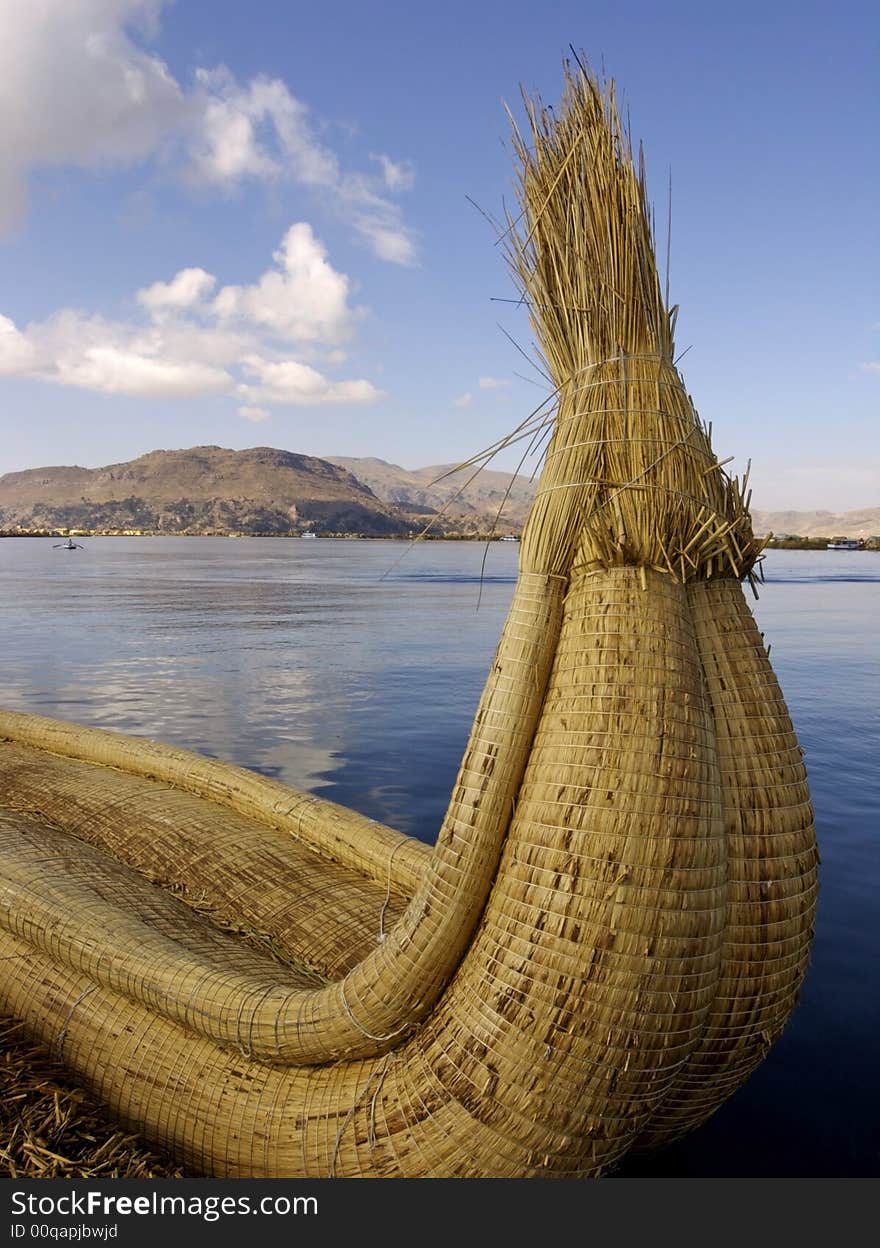 Boat made of reeds. The floating islands of Uros on Lake Titicaca. Boat made of reeds. The floating islands of Uros on Lake Titicaca