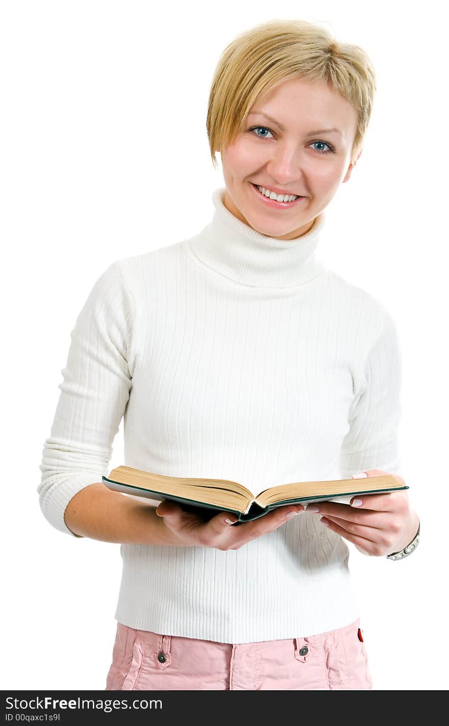 Woman with book over white background