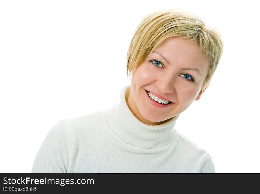 Portrait young woman over white