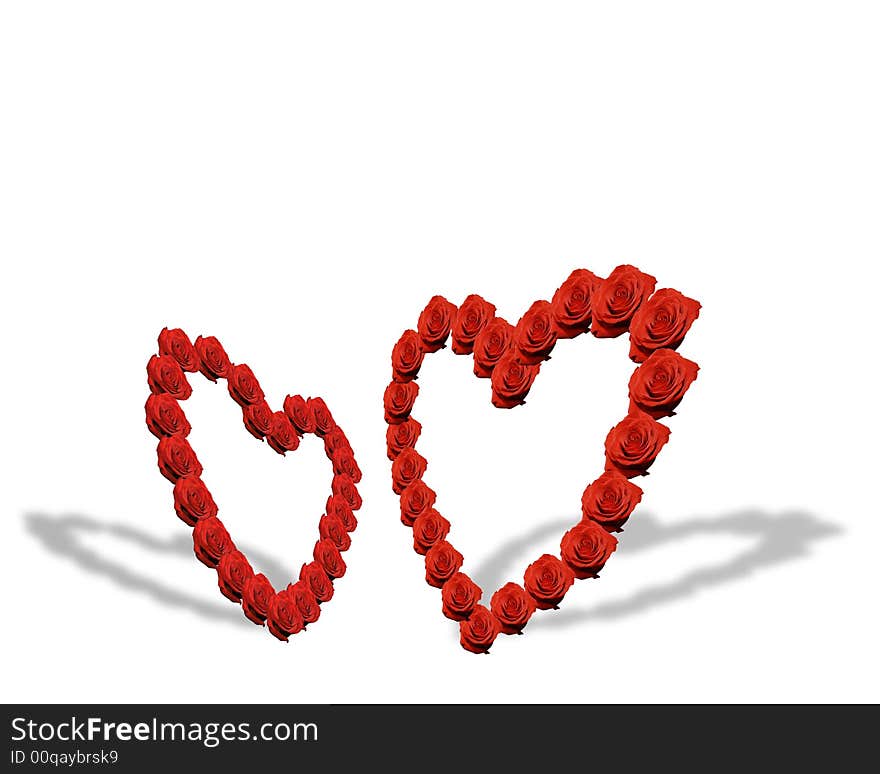 Two rose hearts standing on white background. Two rose hearts standing on white background