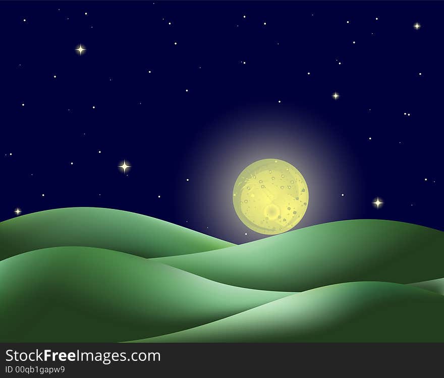 Nightsky with full moon and twinkly stars over hills. Nightsky with full moon and twinkly stars over hills