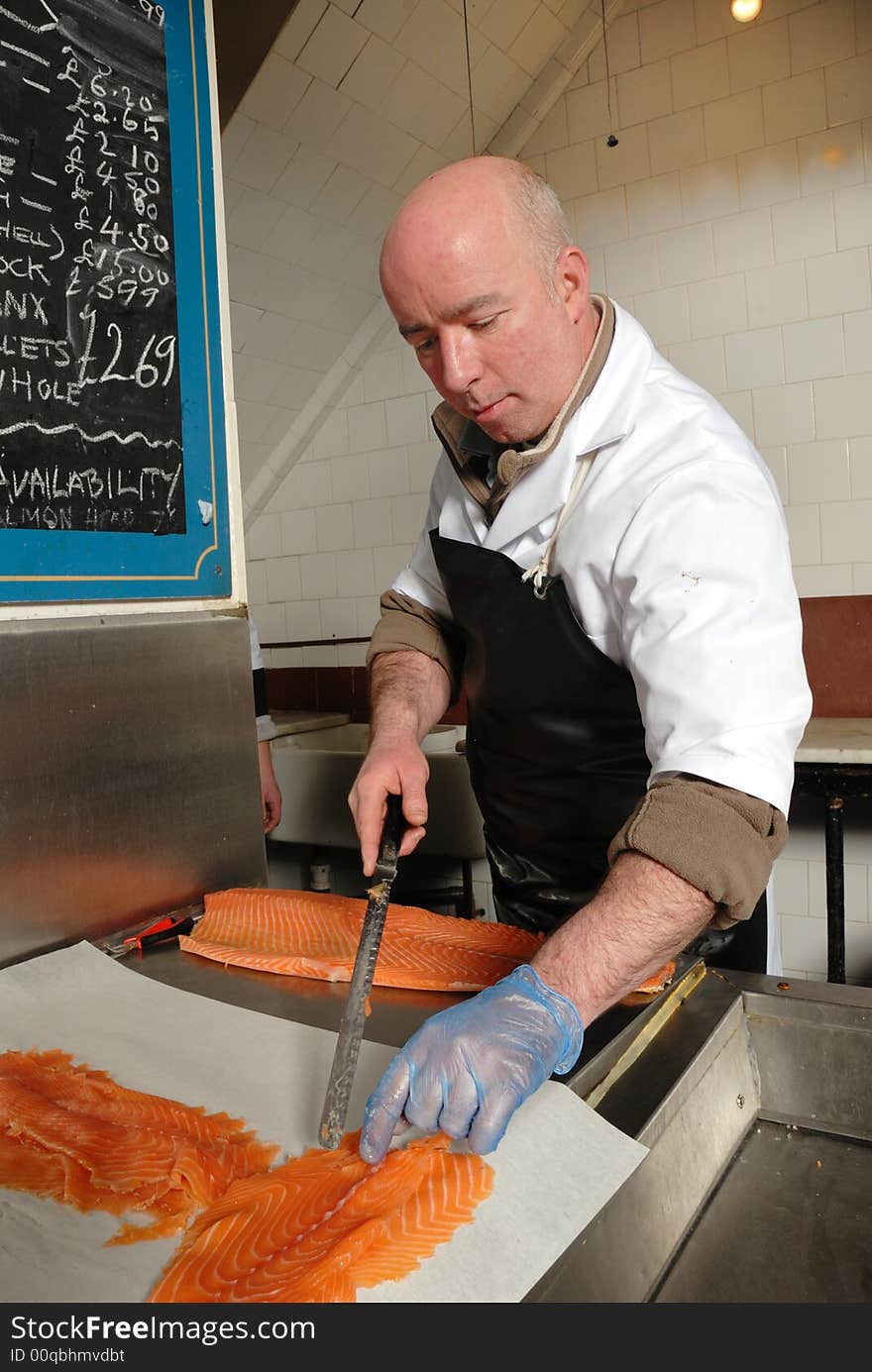 Cutting smoked salmon