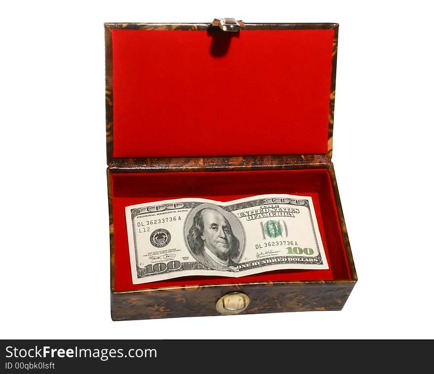 Red casket with 100 dollar banknote. Red casket with 100 dollar banknote