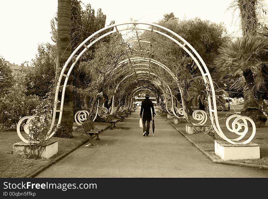 A young man walking in a park in sepia. A young man walking in a park in sepia.