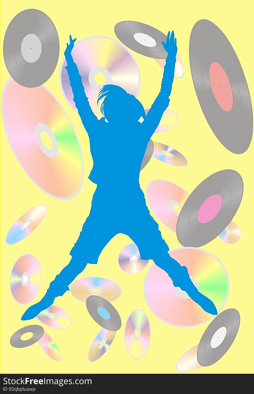 The girl jumps on a background of disks. The girl jumps on a background of disks