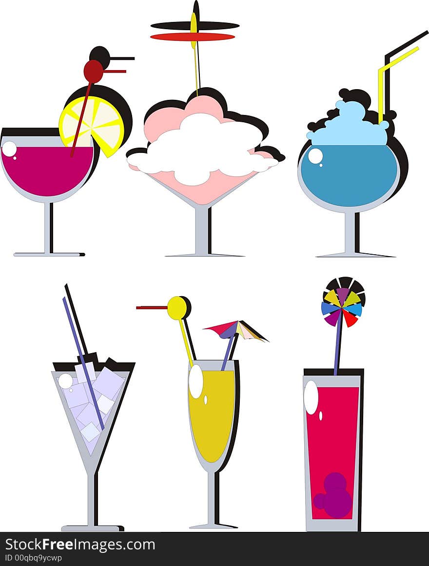 Six glasses with various drinks