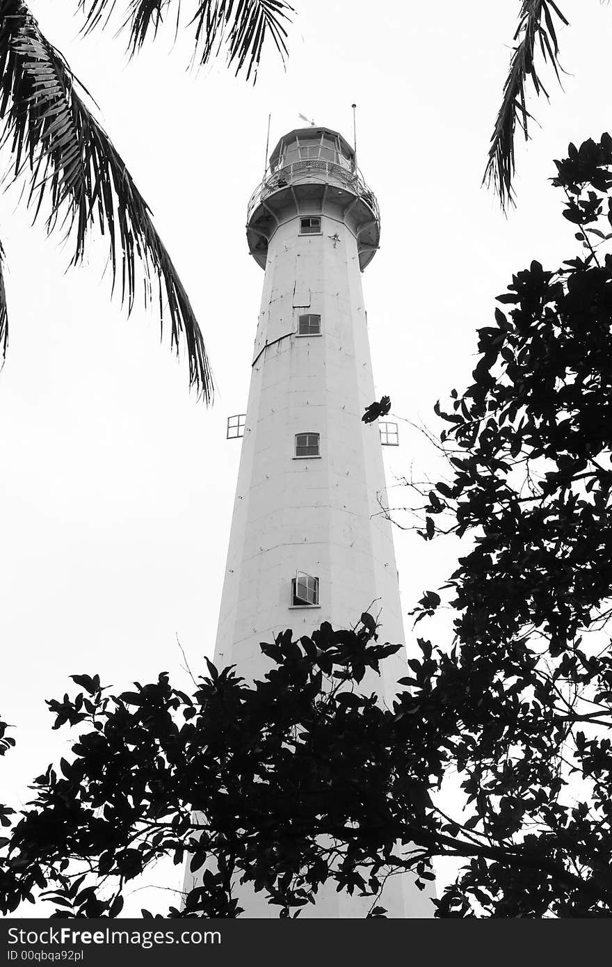 Photo of a lighthouse in black and white. Photo of a lighthouse in black and white