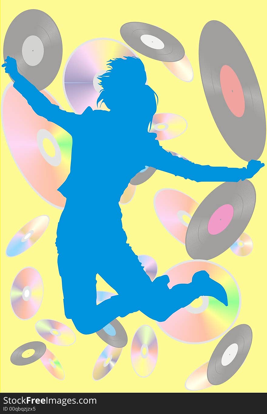 The girl jumps on a background of disks. The girl jumps on a background of disks