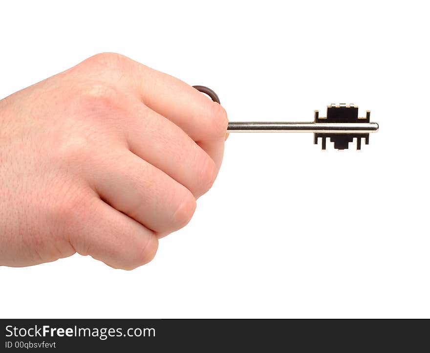 Male hand with key opening something isolated with clipping path over white background. Male hand with key opening something isolated with clipping path over white background