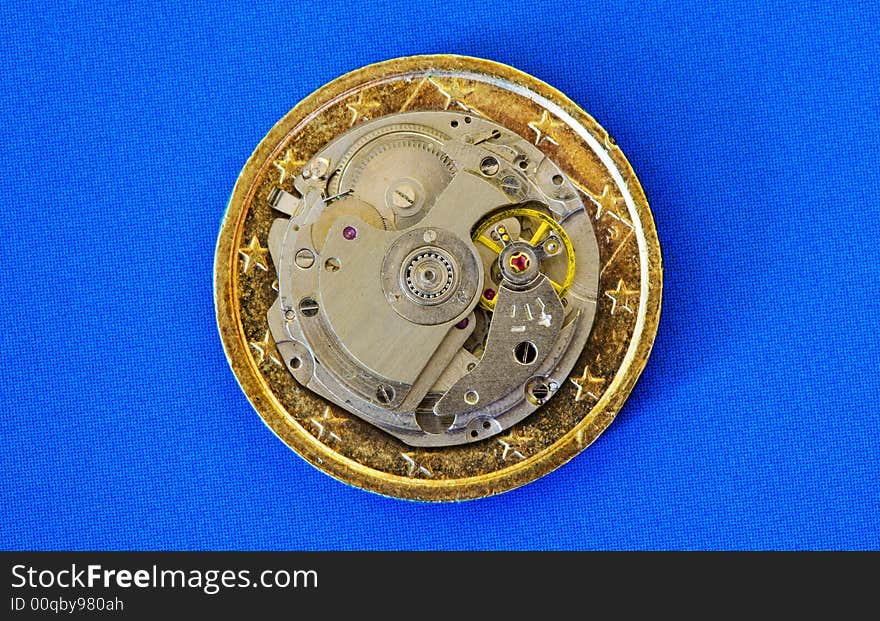 Illustration of euro coin contains clock. Illustration of euro coin contains clock