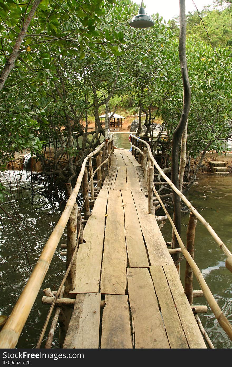 A wooden pathway leading to a hot spring pool