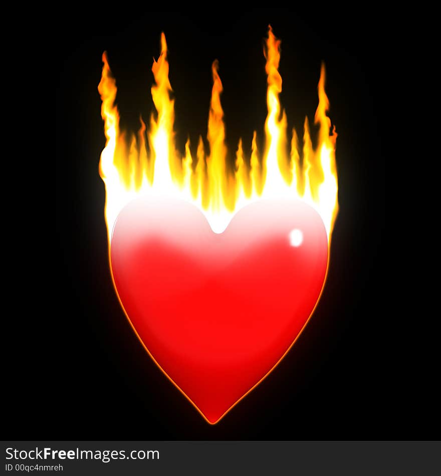 A rendering of a 3d heart enveloped by flames on a black background. A rendering of a 3d heart enveloped by flames on a black background