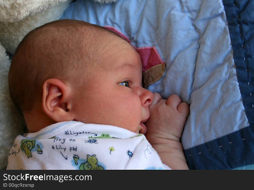 Week old baby boy on a blue blanket early in the morning. Week old baby boy on a blue blanket early in the morning