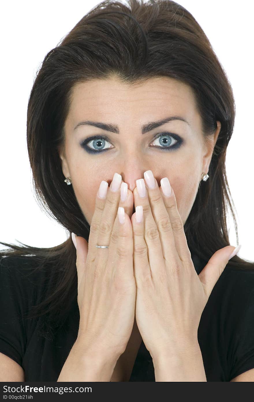 Portrait of the brunette with blue eye on insulated background