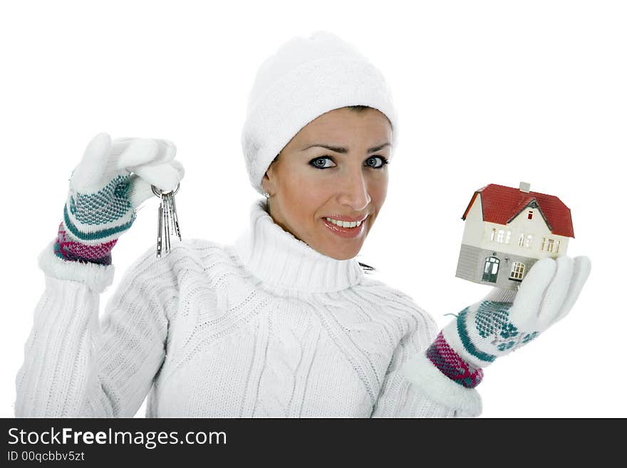 Business woman advertises real estate on isolated background