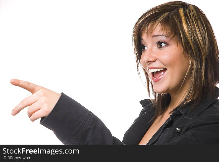 The shouting woman with the stretched hand on a white background