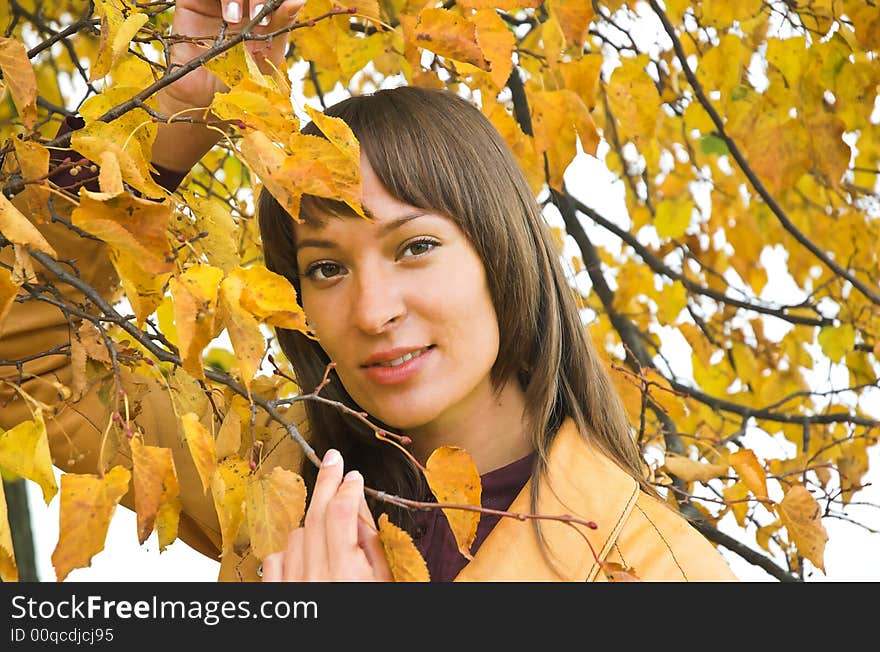 The beautiful girl in yellow  leaves