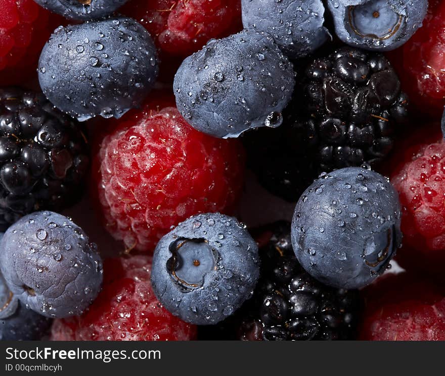 Summer collection of berries, Raspberry and blueberry background