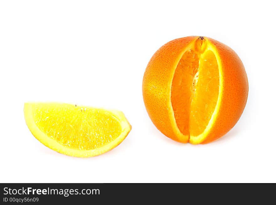 Sweet orange and its slice isolated on white