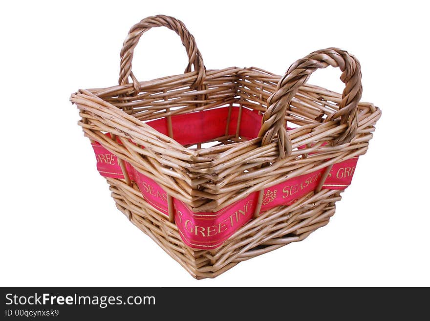 Basket with red greetings ribbon. Basket with red greetings ribbon