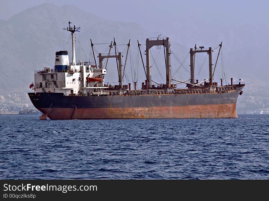 Cargo ship anchored in a port