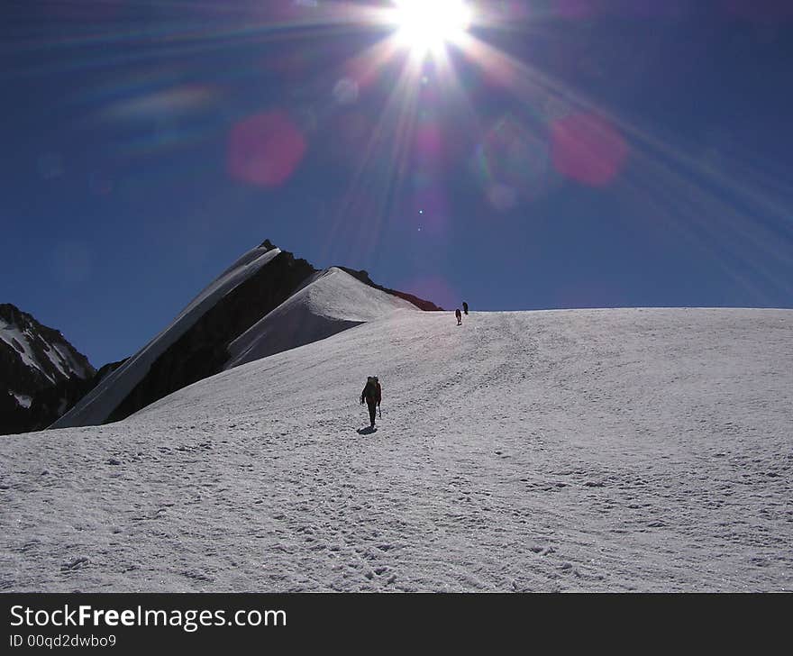 Mountains. Caucasus.Kabardino-Balkariya. Bezengi. Climbers. The height is abt 4000 m, above sea level.