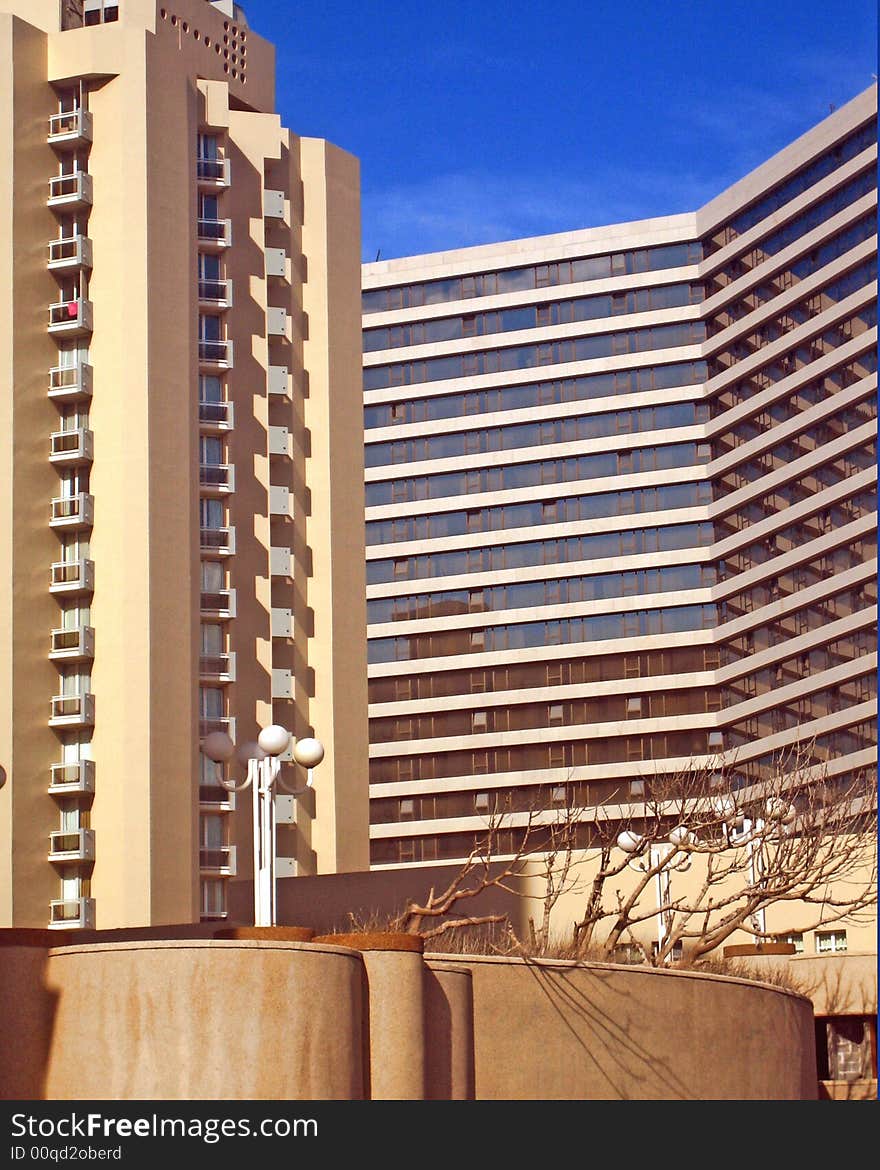 The hotel on coast of Tel Aviv in Israel is photographed in the early morning. The hotel on coast of Tel Aviv in Israel is photographed in the early morning