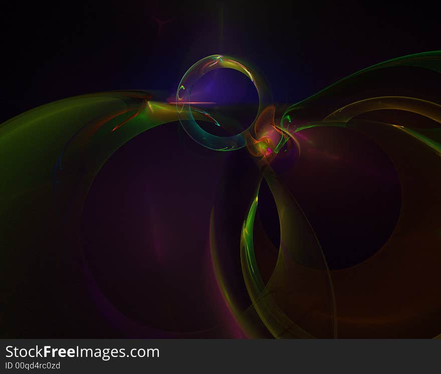 Here is a fractal consisting of a transparent circle connected to colored loops on a smoky background. Here is a fractal consisting of a transparent circle connected to colored loops on a smoky background.