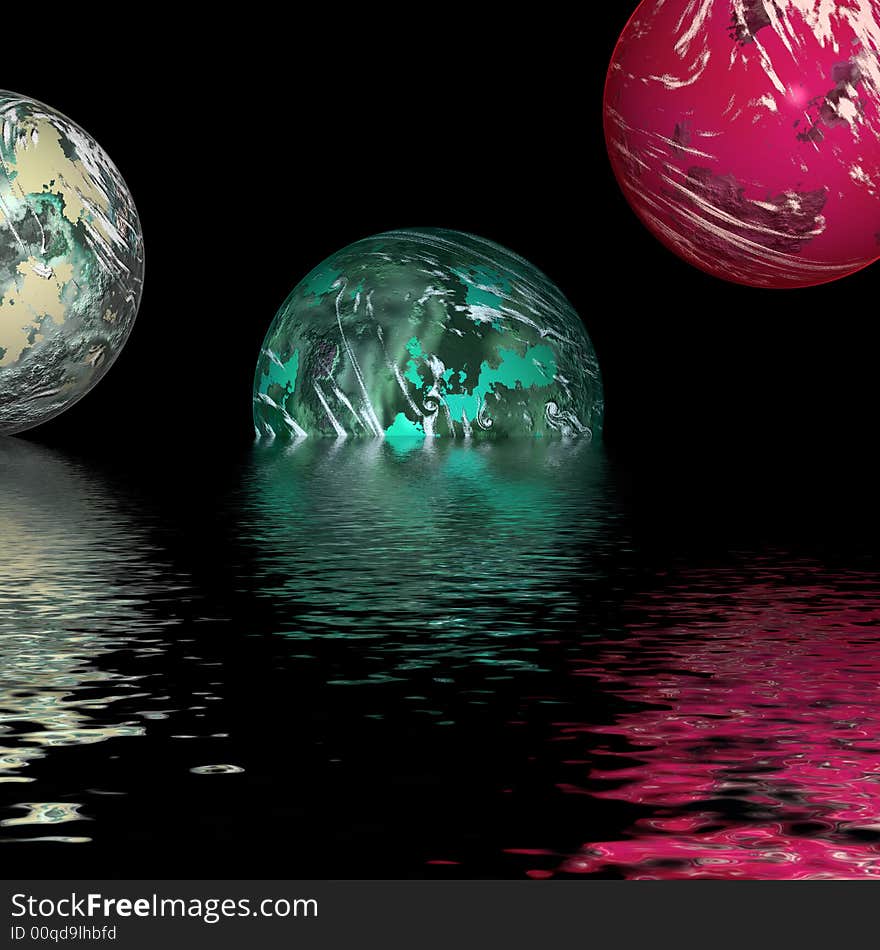 Three large planets reflecting over smooth waves on water. Three large planets reflecting over smooth waves on water