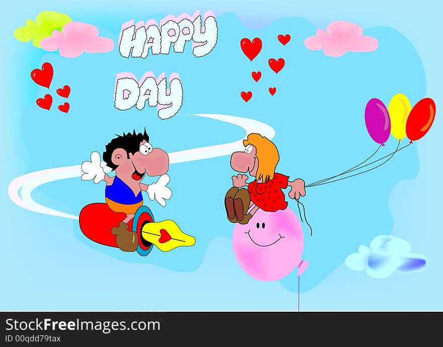 Boy and girl on clouds celebrate birthday. Boy and girl on clouds celebrate birthday