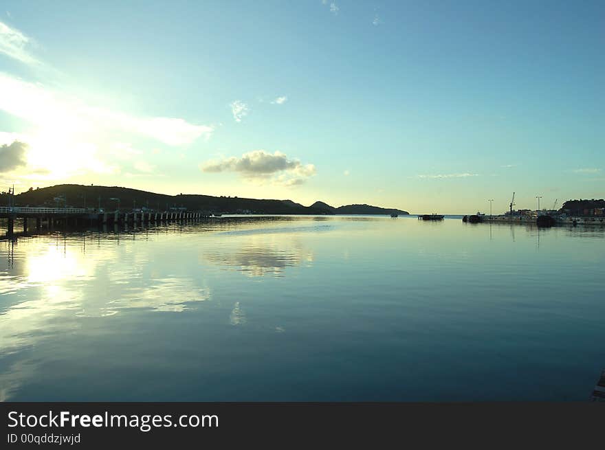 Sunset over empty dockyard