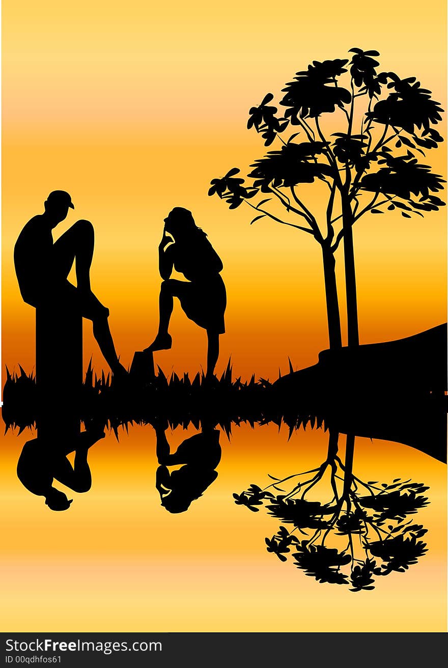 Silhouette of young romantic couple relaxing together by a river