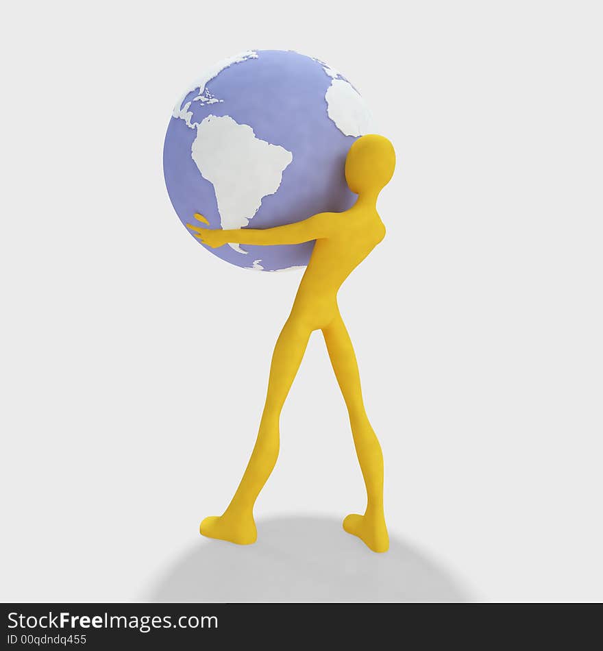 3d man holding globe, isolated on white