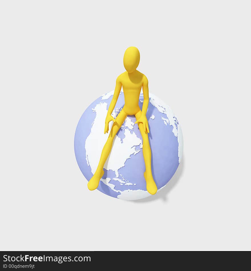 3d man sitting on globe, isolated on white