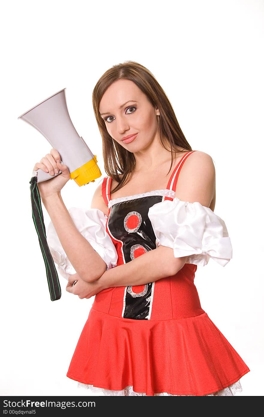 Beautiful young girl with megaphone over white