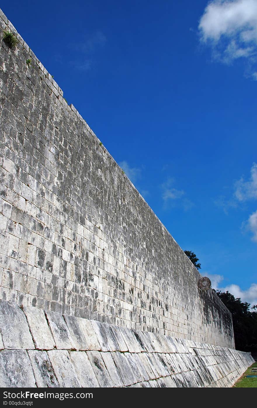 Wall of Ancient Mayan Ball Court with Goal Displayed. Wall of Ancient Mayan Ball Court with Goal Displayed