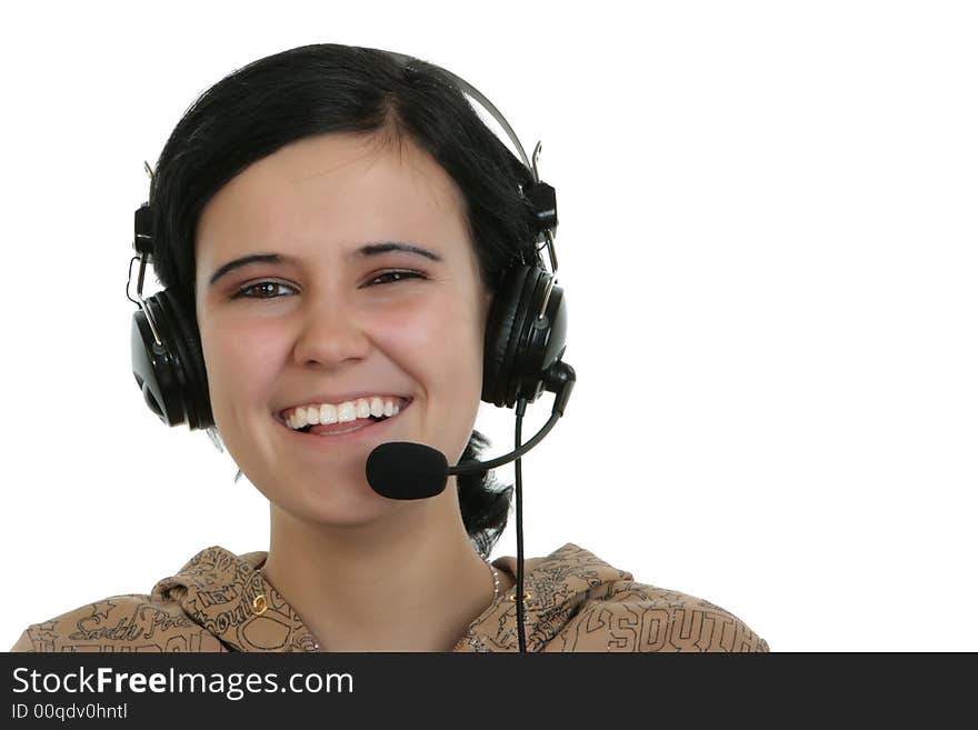 The girl in headphones on a white background