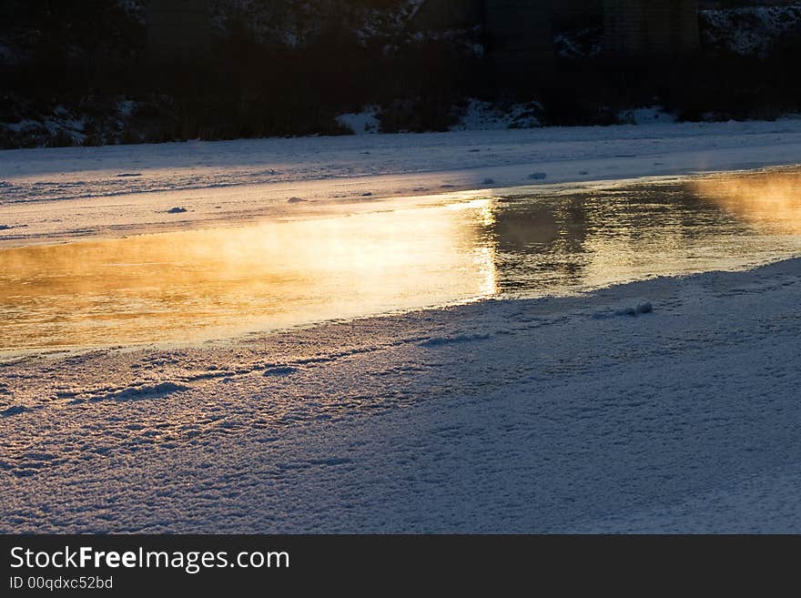 Winter river in the twilight.