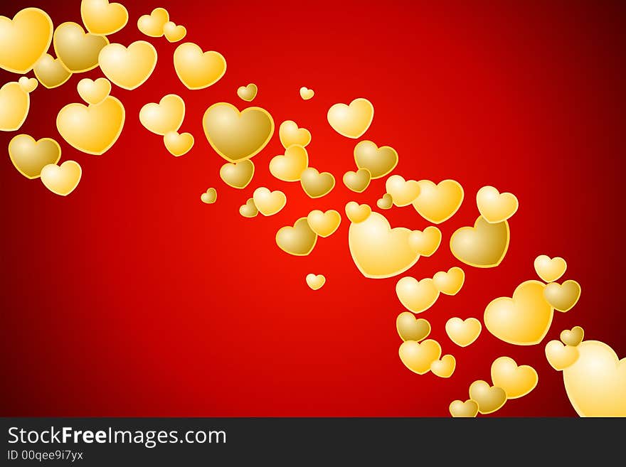 Vector illustration of golden hearts over red