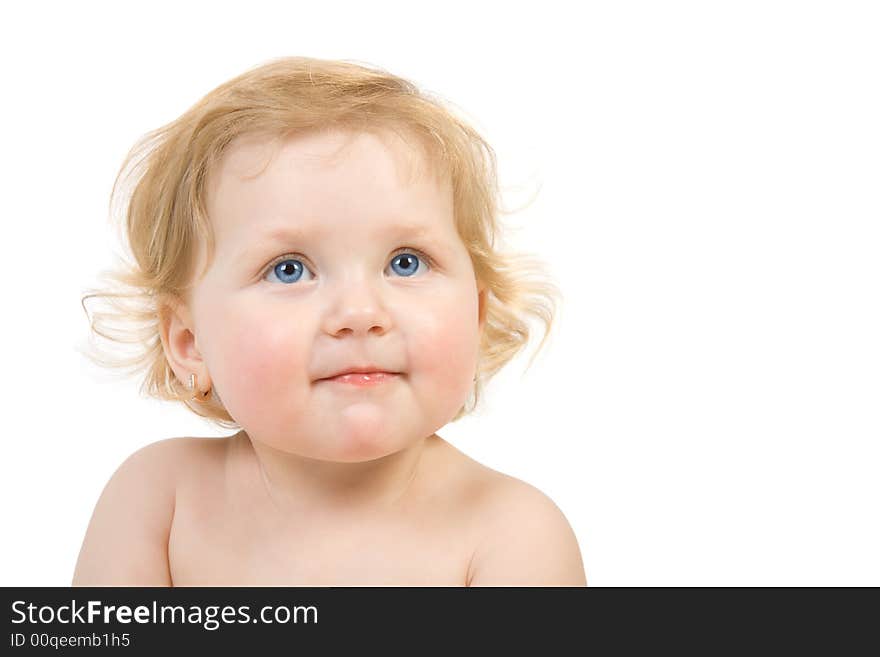 Close-up happy pretty baby portrait . Isolate on white. Close-up happy pretty baby portrait . Isolate on white.