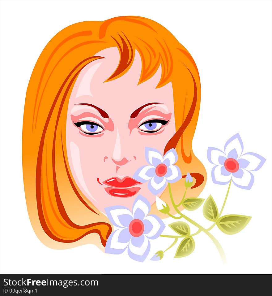 Face of the pretty woman and ornate violet flowers on a white background. Face of the pretty woman and ornate violet flowers on a white background.