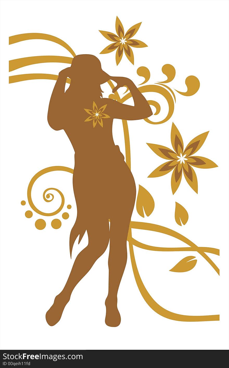 Ornate female silhouette on a white background with bronze flowers and curls. Ornate female silhouette on a white background with bronze flowers and curls.