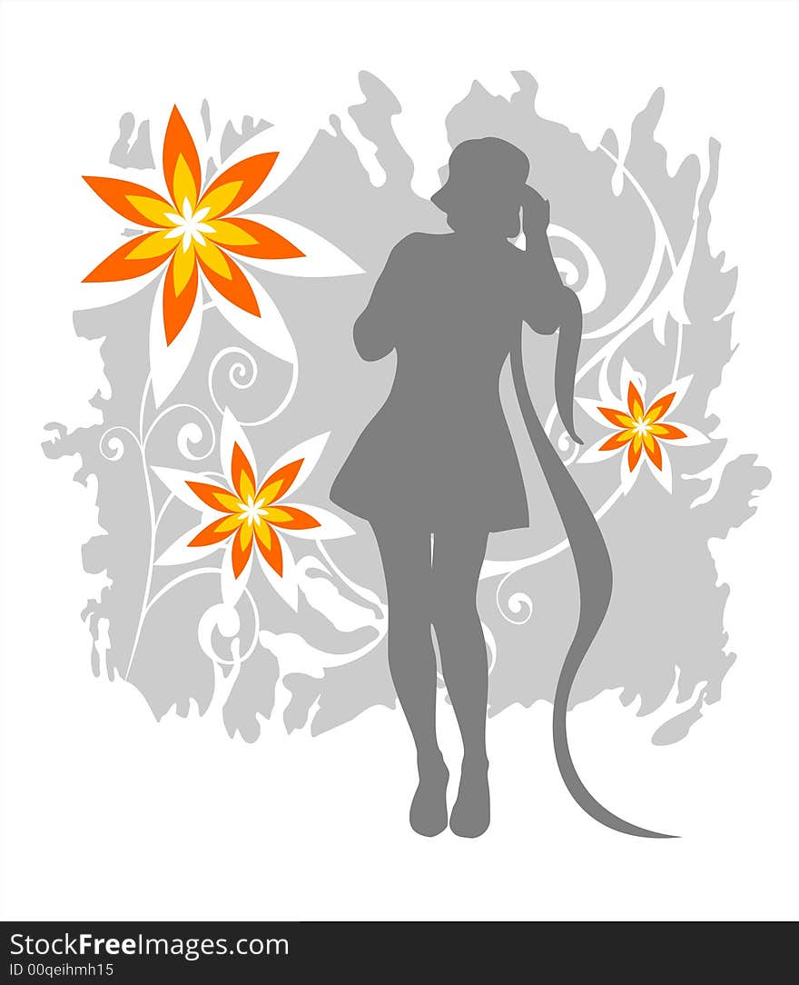 Ornate female silhouette on a gray background with  flowers and curls. Ornate female silhouette on a gray background with  flowers and curls.