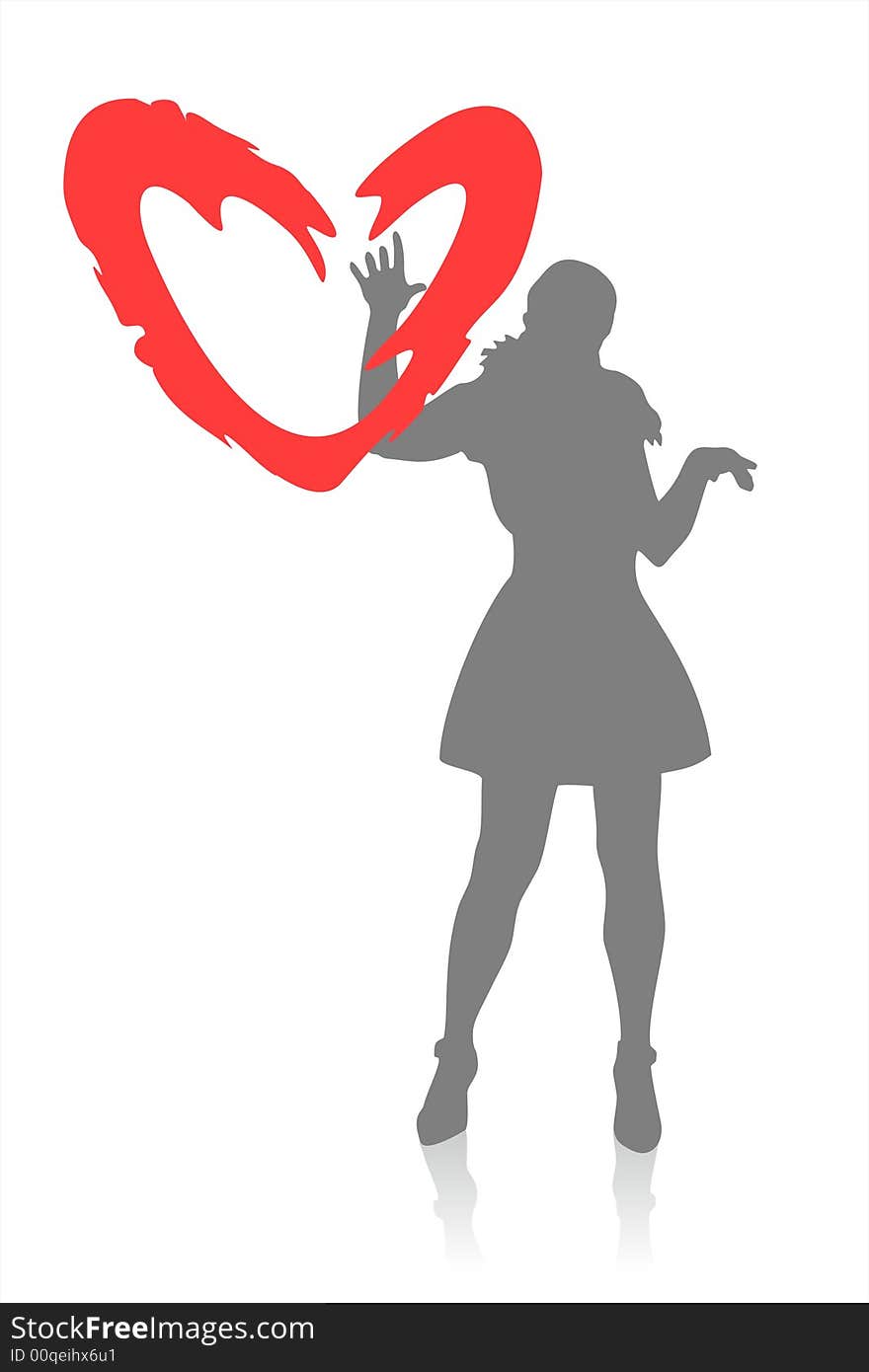 Gray female silhouette and ornate heart on a white background. Gray female silhouette and ornate heart on a white background.