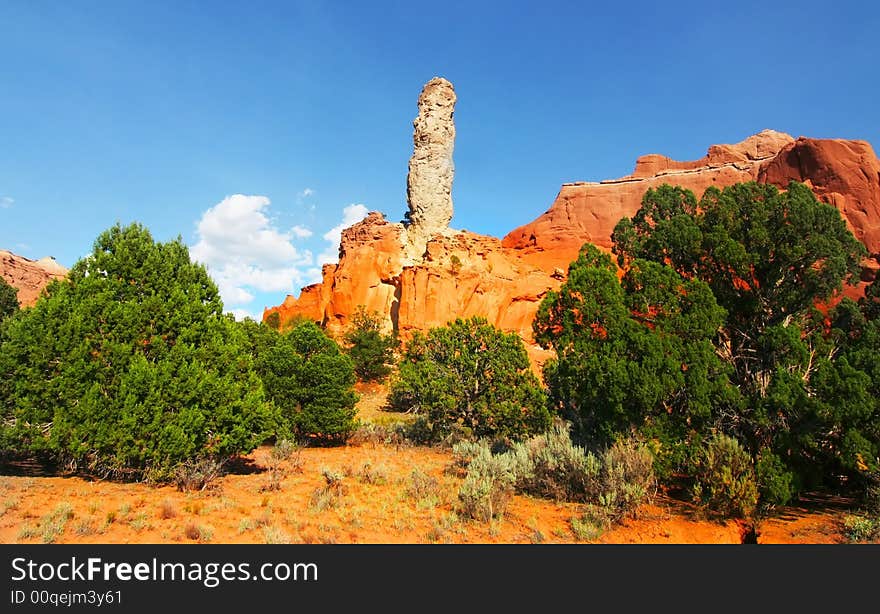 View of the red rock formations in Kodachrome Basin with blue skys and clouds. View of the red rock formations in Kodachrome Basin with blue skys and clouds