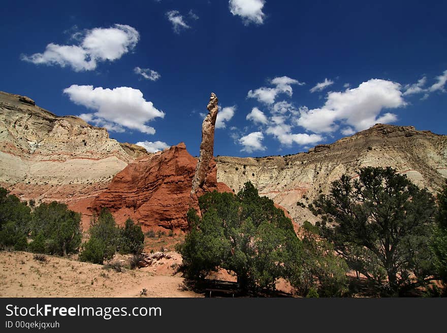 View of the red rock formations in Kodachrome Basin with blue skys and clouds. View of the red rock formations in Kodachrome Basin with blue skys and clouds