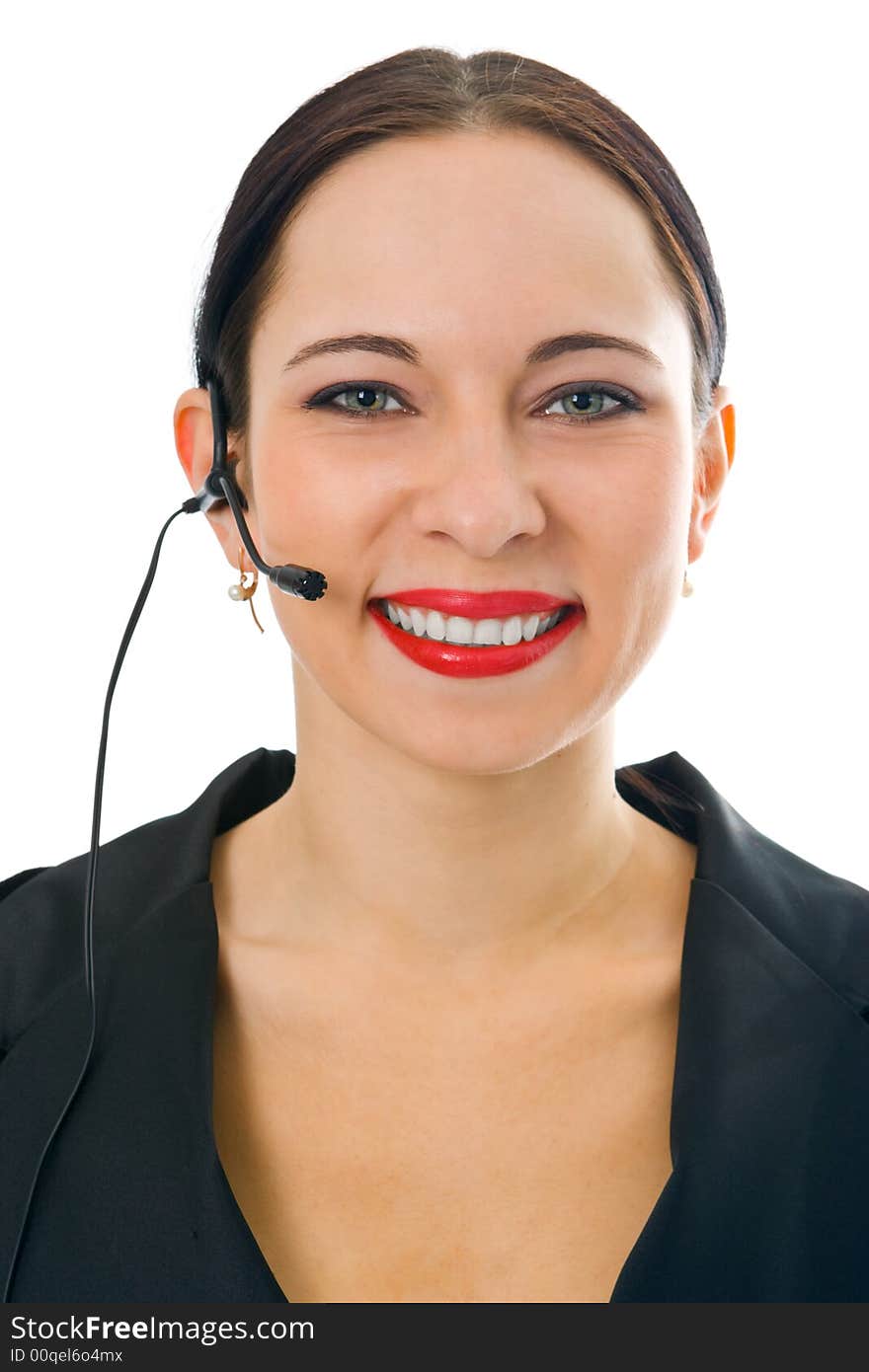 Business woman in headphones on white background